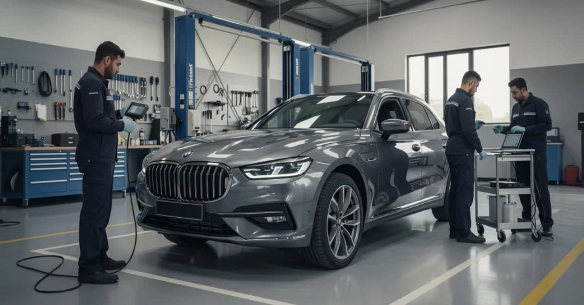 BMW technicians running ISTA+ diagnostics on a BMW 5 Series at the Zenfo Auto Services workshop in Musaffah, Abu Dhabi