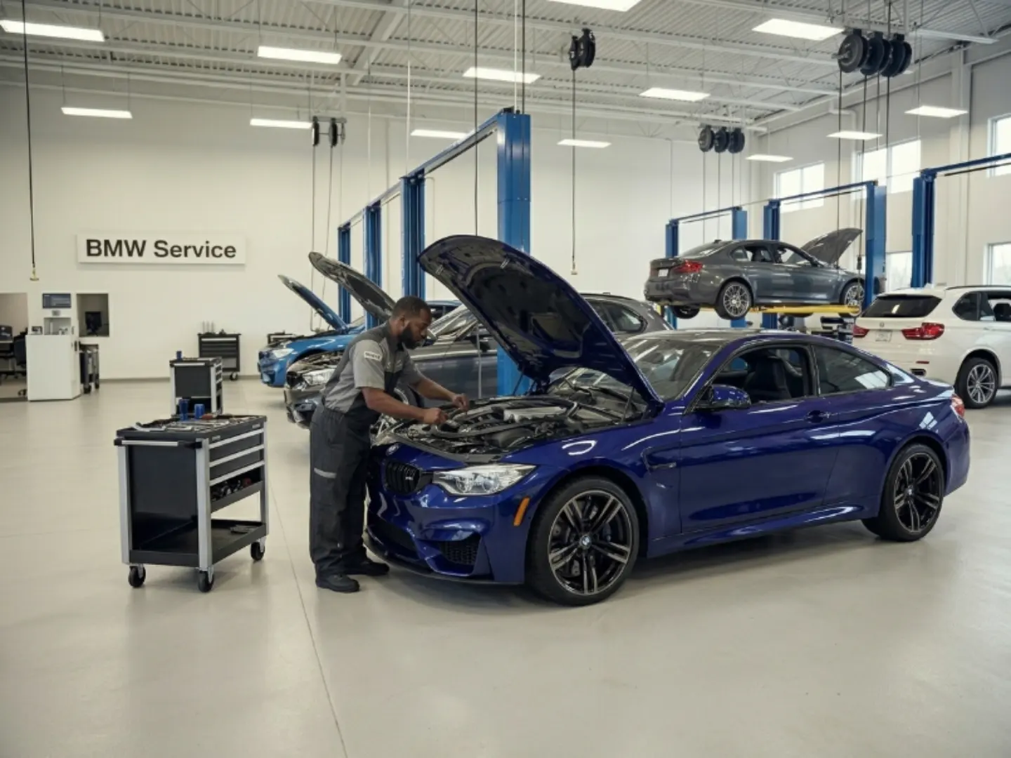 Technician servicing a BMW M4 engine bay at the Zenfo Auto Services workshop